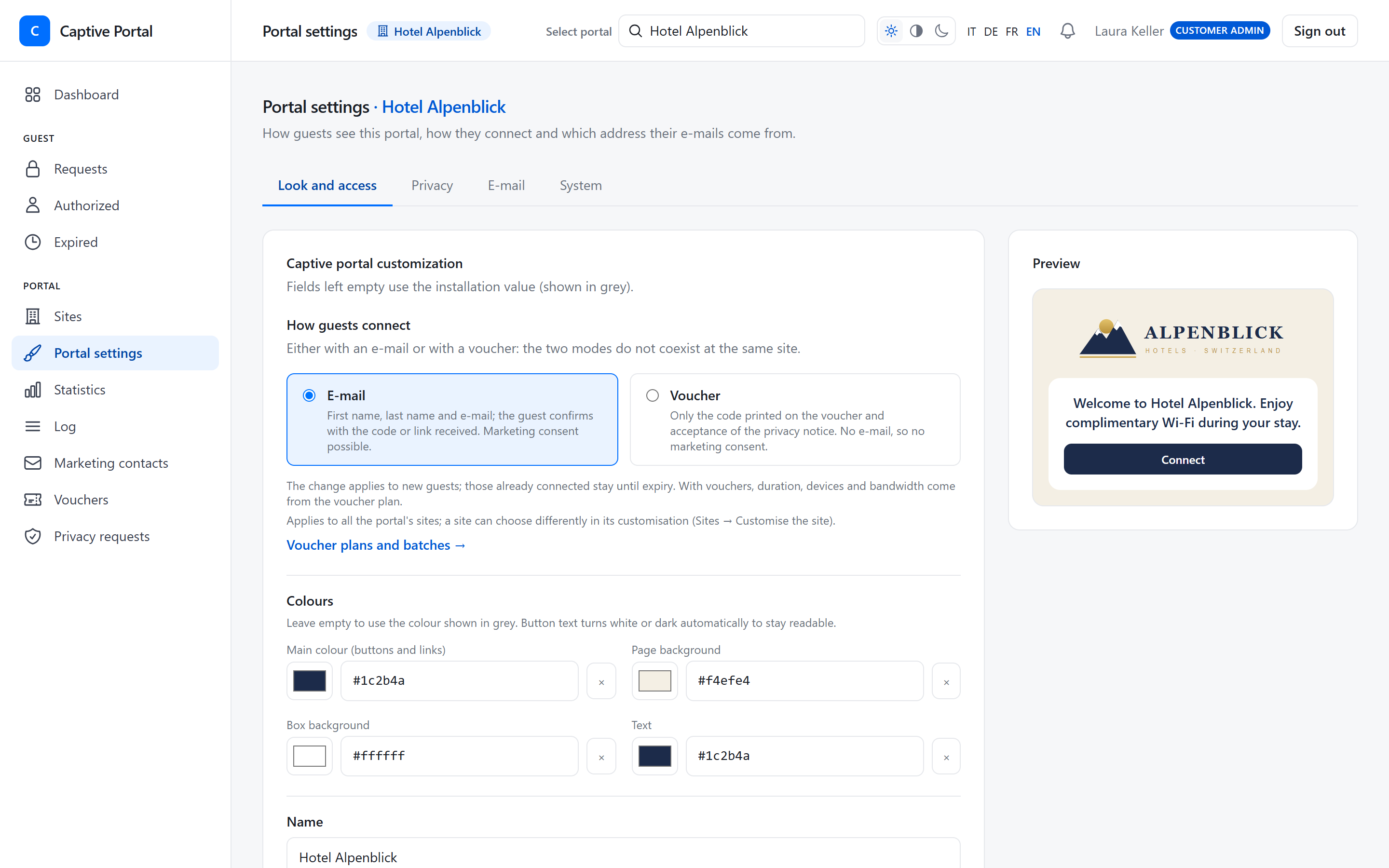Portal settings: access mode (e-mail or voucher), colours and a live preview of the guest page