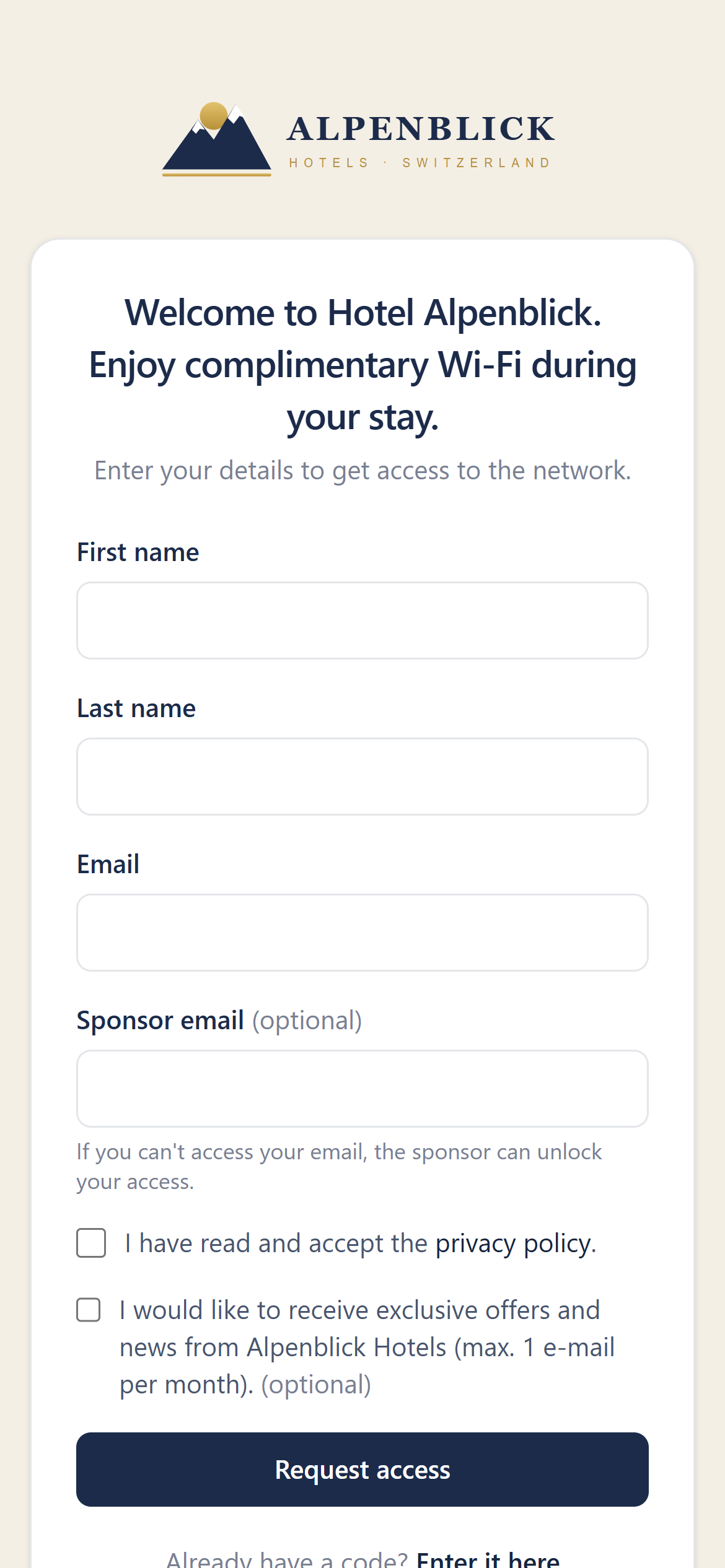 Branded guest sign-in page on a phone, in English