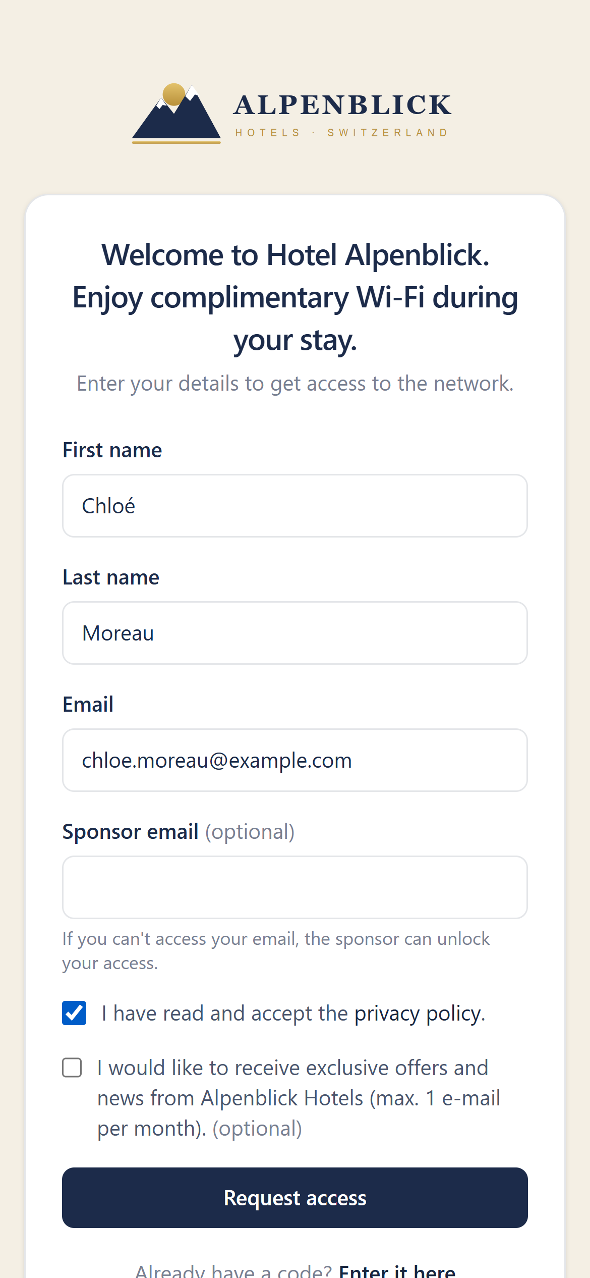Guest sign-in form filled in with name and e-mail