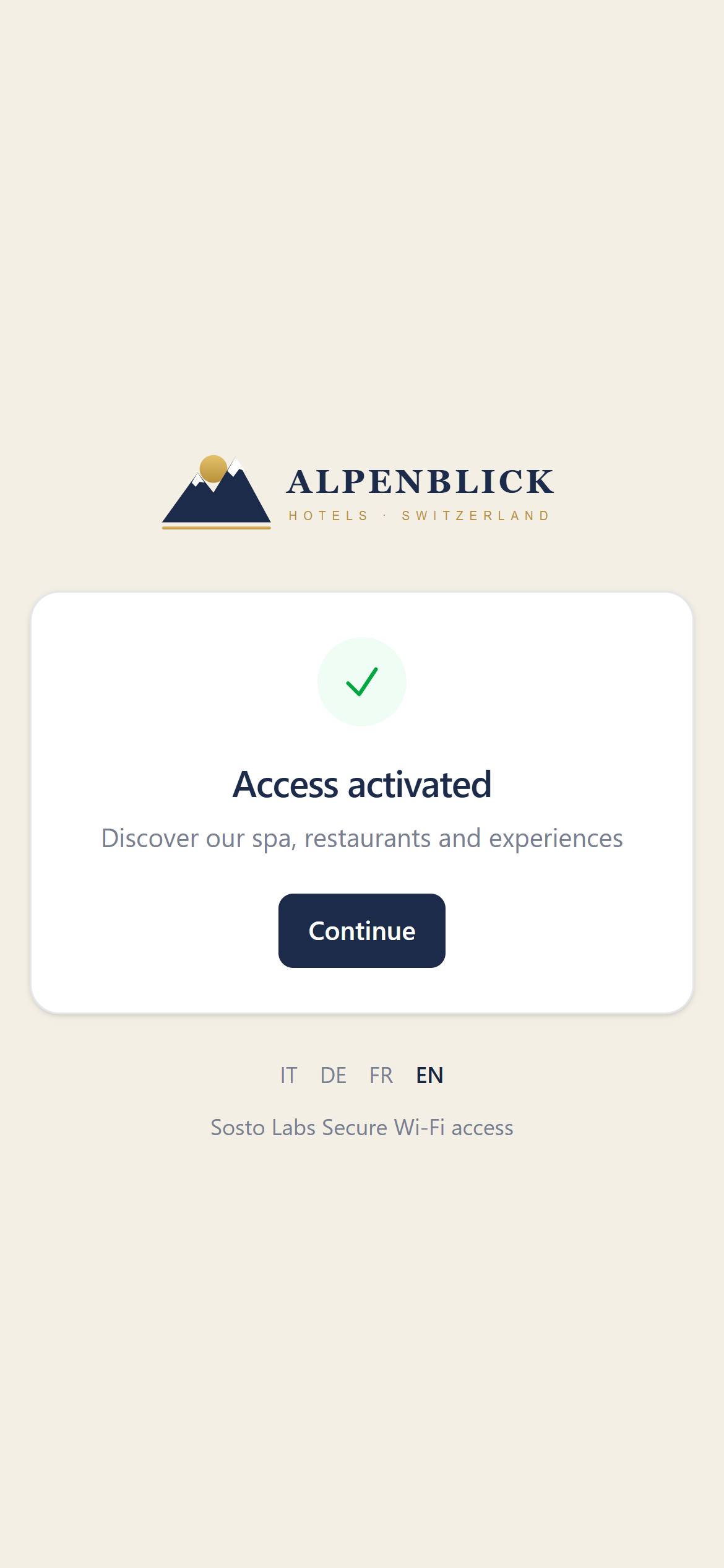 Access activated page with the hotel brand and a Continue button