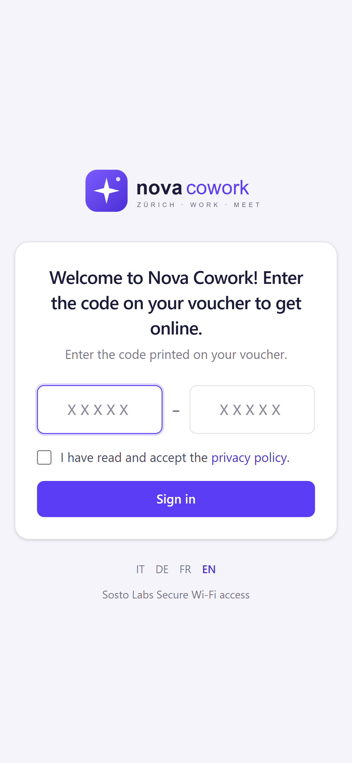 Voucher sign-in page on a phone
