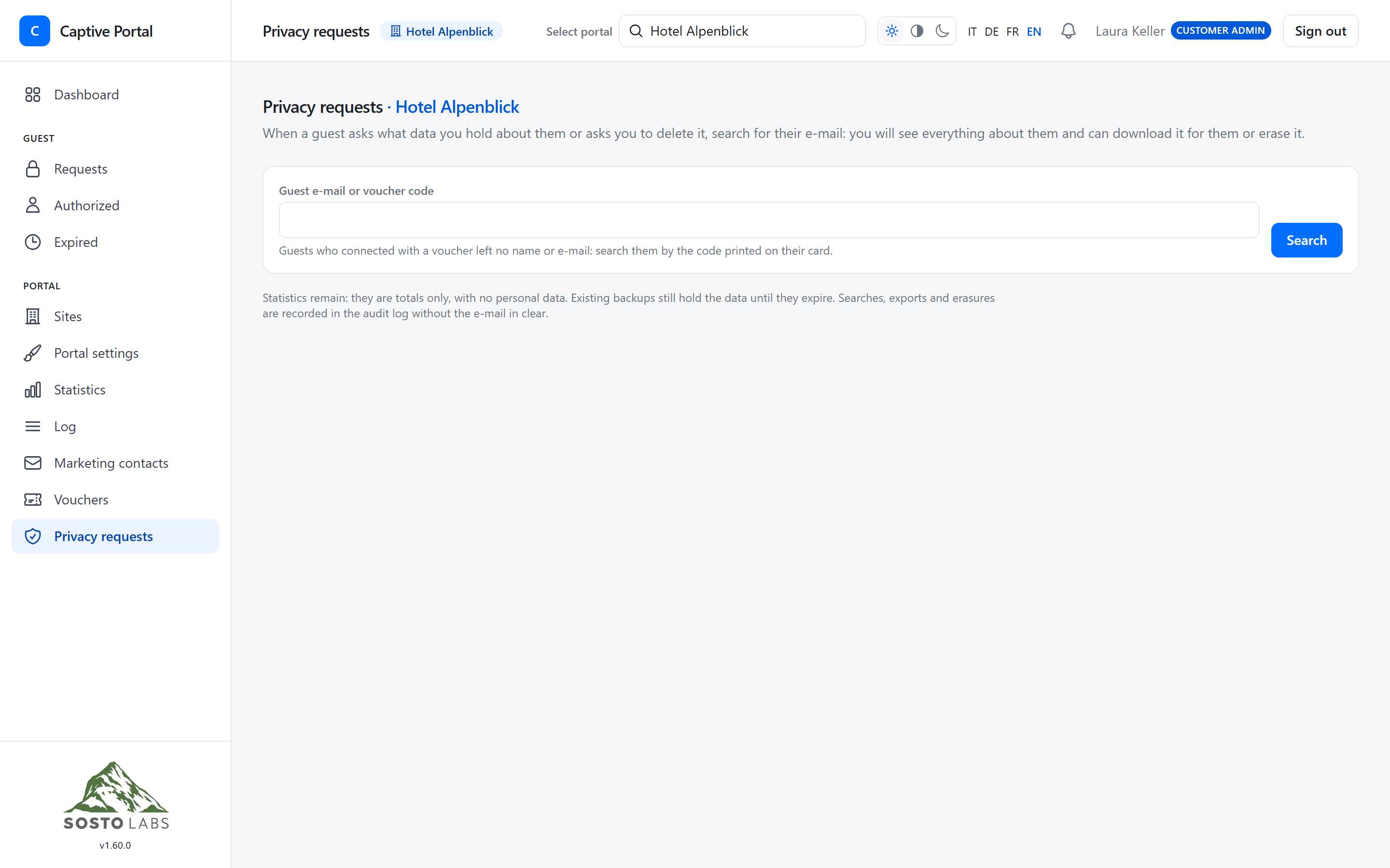 Data subject requests: search a guest, export or erase their data